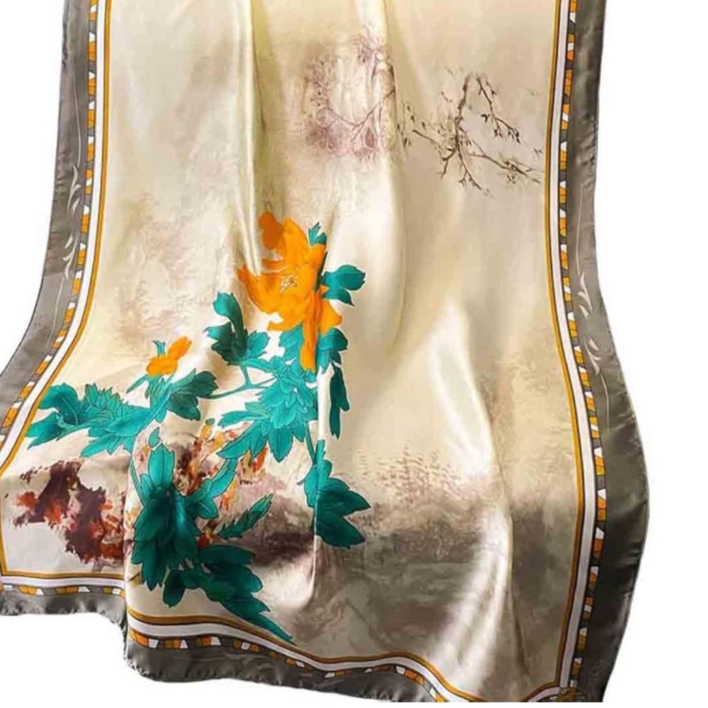 🌹🆕 Silky Scarf Wrap Shawl with Gray Ivory Teal Design - Picture 9 of 11